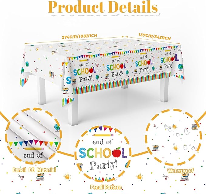 MEHOFOND End of School Party Decorations Tableware Set 193 Pcs, School Out Graduation Disposable Plates Cups Napkins Cutlery with Plastic Tablecloth for Kids Classroom Graduation Party