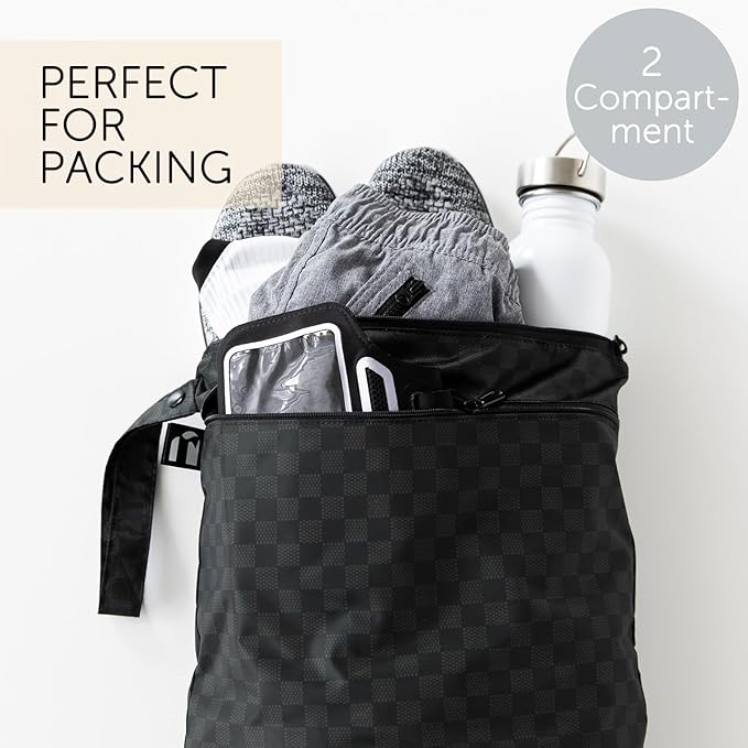 Bumkins Roamio Waterproof Wet Dry Bag for Baby, Travel, Swim Suit, Cloth Diapers, Pump Parts, Pool, Beach, Gym Clothes, Toiletry, Hook to Stroller, Daycare, Zipper Reusable Wetdry Packing, Black Check