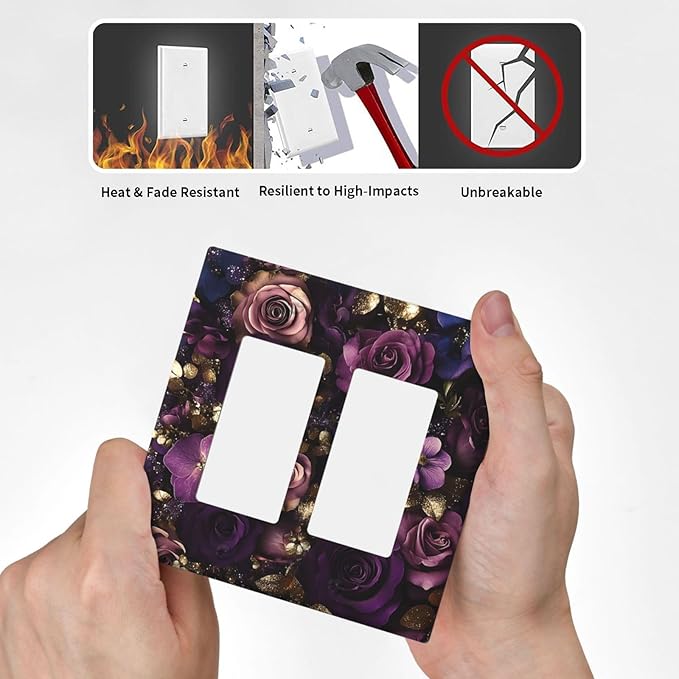 Decorative Outlet Covers with Luxurious Purple Roses Gold Accents Leaves Design 2 Gang Wall Plate Double Rocker Light Switch Cover Switch Plate Cover for Romantic Bedroom/Living Room Decor