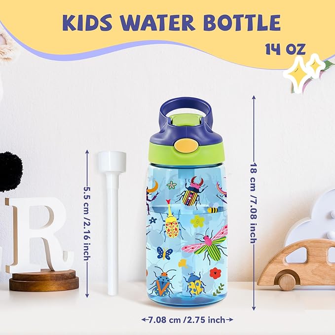14oz Kids Water Bottle with Straw - Ladybug Water Bottle For School Leakproof Lightweight Durable Plastic Bottles with Straw for Kids Travel, Gift Cup for Children, Pop-Up Spout Cover(Insect)