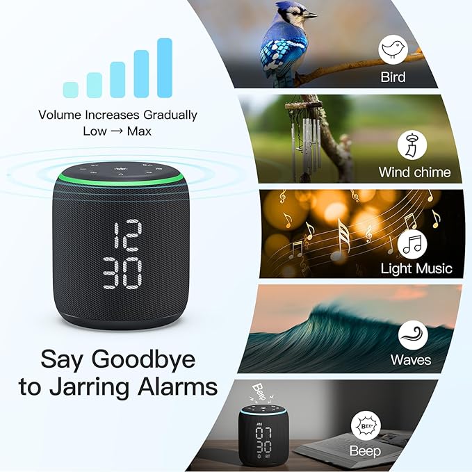 REACHER Sound Machine Alarm Clock for Kids, Portable Sound Machine for Sleep Friendly, Small Rechargable Bluetooth Alarm Clock for Travel, Glow Night Light for Bedroom Nursery Travel Dorm Bedside