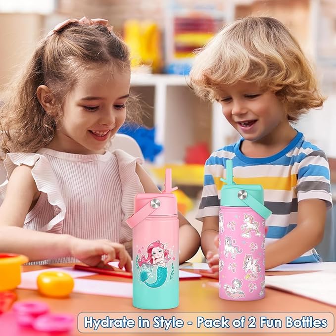 SANDJEST Kid Water Bottle 12oz with Straw Lid - 2-Pack Insulated Stainless Steel Water Bottles for Kids Girls - Travel Cup for School Sports, Unicorn & Mermaid