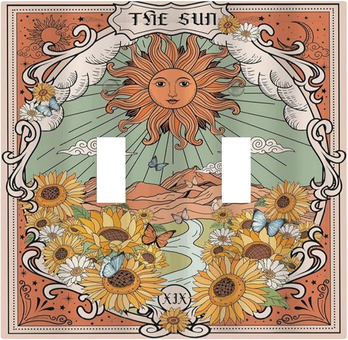 Boho Retro Sun Sunflower Vintage Flower Butterfly Decorative Switch Plates 2 Gang Double Toggle Outlet Light Switch Cover Wall Plate Electrical Faceplate for Farmhouse Home Decor