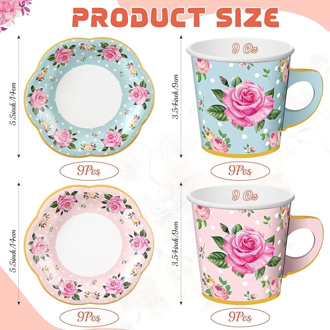 Umigy 36 Sets Mother's Day Tea Party Decorations 9 oz Floral Paper Teacups & Saucer Set for Girls Women Tea Parties Mothers Day Bridal Shower Wedding Birthday Party Decorations(Blue Pink)
