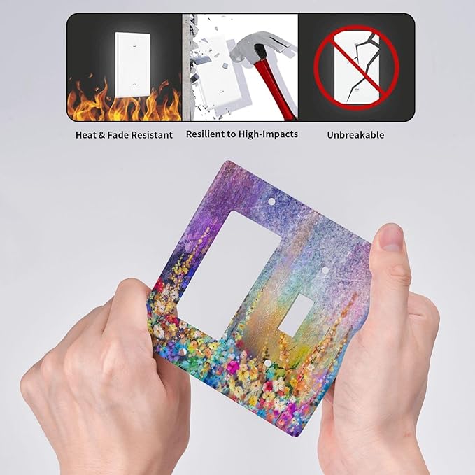 Colorful Floral Watercolor Flower 2 Gang Single Toggle Rocker Combination Light Switch Cover Purple Decorative Wall Plate Cover Electrical Faceplate for Farmhouse Bathroom Bedroom Kitchen Decorate