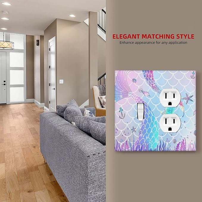 Cute Cartoon Purple Pink Mermaid Scales Tail 2-Gang Combination Wall Plate 1 Toggle 1 Duplex Receptacle Outlet Cover Kids Girls Room Ocean Theme Decorative Combo Device Light Switch Faceplate Cover