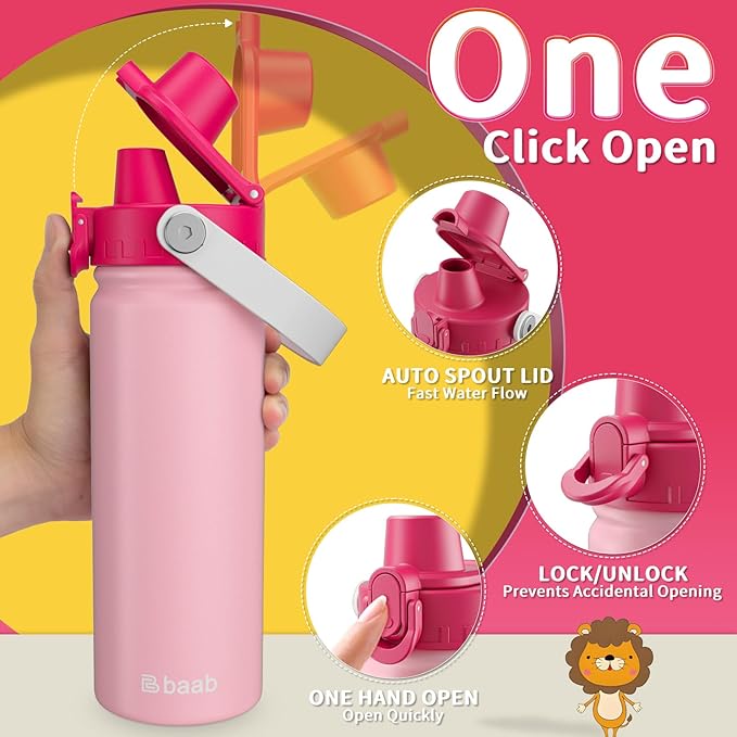 baab 18oz Kids Water Bottle, Insulated Kids Water Bottle with Lockable Spout Lid & Stickers, 18/8 Stainless Steel Vacuum Leakproof Kid Water Cup with Handle for Boy Girl & School (Rose Pink, 1 Pack)