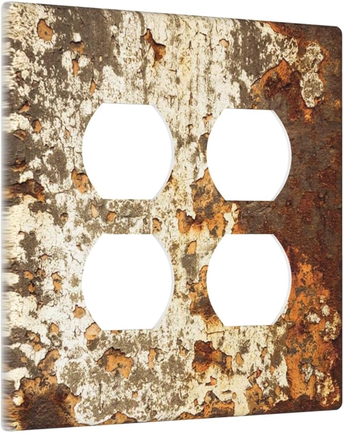 Outlet Covers Vintage Metal Rust Texture Peeling Paint 2 Gang Double Duplex Decorative Light Switch Covers Electrical Wallplates Socket Faceplate For Farmhouse Cabin Decor