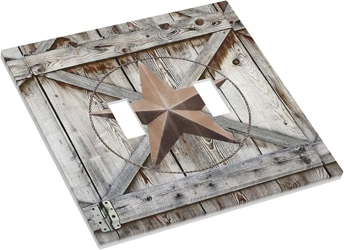 Rustic Western Texas Star Barn Door Double Toggle Light Switch Cover Decorative Vintage Wood 2 Gang Wall Plate Electrical Faceplate Switchplate for Farmhouse Bathroom Home Living Room Decor