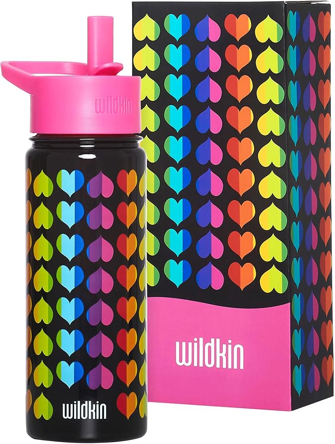 Wildkin Kids 18oz Stainless Steel Water Bottle – BPA-Free, Leakproof, Insulated, Easy-Clean - Rainbow Hearts