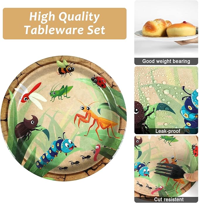 Qyeahkj 100 Pcs Bug Party Plates Napkins Supplies, Spring Summer Ladybugs Bee Reptile Birthday Party Tableware Set Insect Birthday Party Decorations Favors for Boys Girls Serve 25