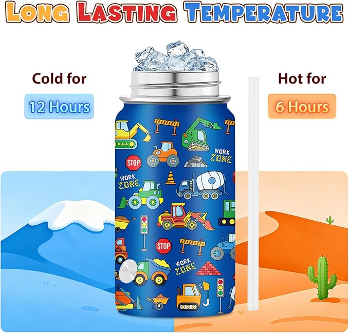 Construction Gifts for Men Women - 12oz Construction Truck Water Bottle with Straw Lid, Stainless Steel Insulated Bottle, Leak Proof, BPA-Free, School, Travel, Car Lovers Kids Birthday Gift Cup(1pc)