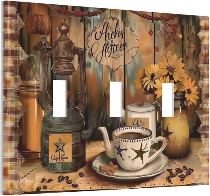 Decorative Switch Plate Covers Vintage Coffee Pot Star Farmhouse Wood Plank 3 Gang Wall Plate Light Switch Cover Plate Triple Toggle Jumbo Electrical Faceplate for Bedroom Kitchen Decor