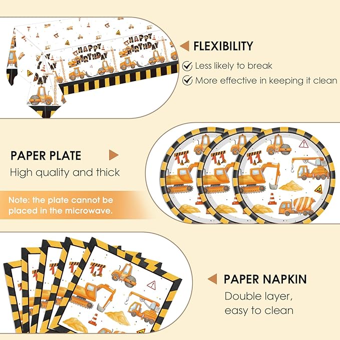 Construction Birthday Party Supplies Construction Excavator Tractor Dump Digger Theme Tableware Include Paper Plates Napkins Tablecloth, for Toddler, Kids, Boys Birthday Party Decorations, Serves 20