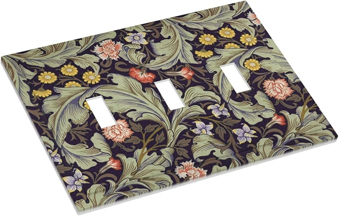 Boho William Morris Floral Green Leaves Flower Decorative Switch Plates 3 Gang Wall Plate Triple Toggle Light Switch Cover Faceplate Electrical Wall Panels for Farmhouse Home Decor