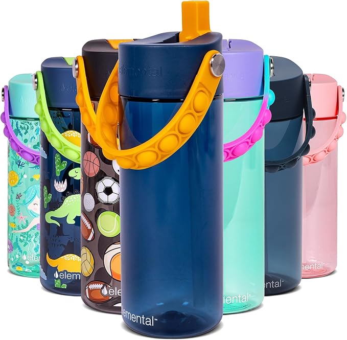 Elemental Water Bottles for Kids - Splash Kids Water Bottle for School with Pop-it Handle - BPA Free Tritan Plastic Water Bottle with Straw Leak Proof when Spout is Closed - Midnight Sun - 18oz