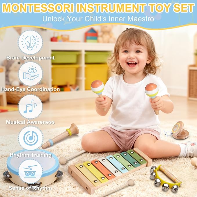 Baby Musical Instruments Set Montessori Wooden Music Toys for Toddlers 3 4 5 Neutral Color Percussion Music Kit with Drum, Xylophone,Storage Bag, Birthday Preschool Learning Gift for Boys Girls