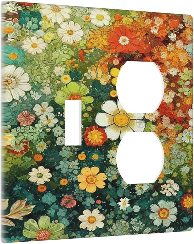 Light Switch Cover Plate Colorful Flowers Green Plants Meadow Floral 2 Gang Decorative Switch Plates 1 Toggle Duplex Combo Outlet Covers GFCI Wall Plates for Bathroom Bedroom Decor