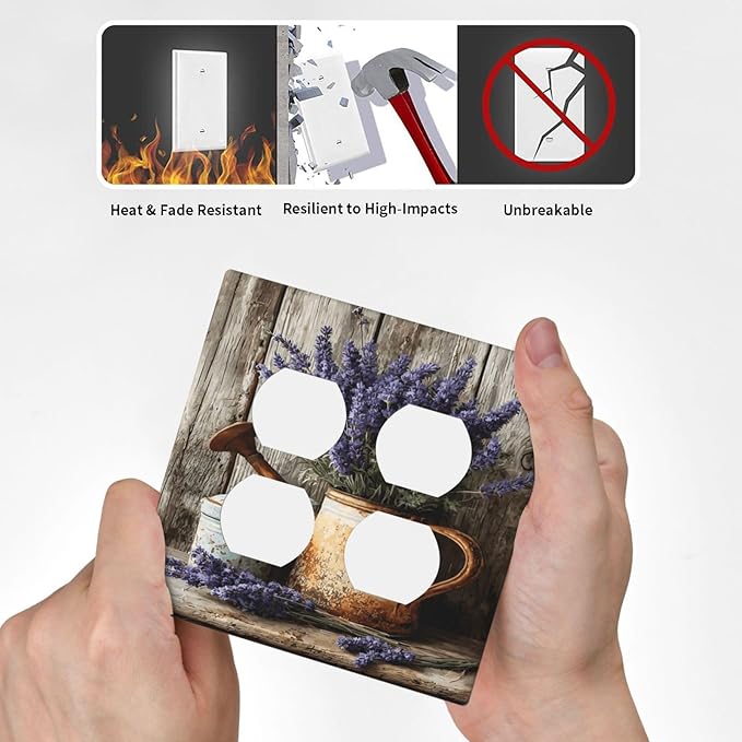 Rustic Flowers Lavender Purple Floral Oil Painting Outlet Covers 2 Gang Double Duplex Decorative Light Switch Covers Electrical Wallplates Socket Faceplate for Farmhouse Bedroom Decor