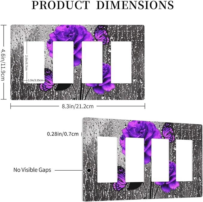 Romantic Purple Butterfly Rose Flower 4 Gang Quad Rocker Light Switch Cover Decorative Quadruple Device GFCI/Decorator Wall Plate Electric Faceplate Screwless