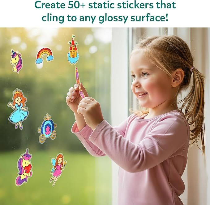 Skillmatics Cling Art – Color Clingz Unicorns & Princesses, 50+ Reusable Static Stickers, Mess-Free Fun for Kids, DIY Craft Kits & Supplies, Travel Toys, Creative Gifts for Kids Ages 3, 4, 5, 6, 7