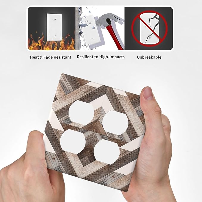 Polygon Collage Abstract Shapes Rustic Wood Panel Print Outlet Covers 2 Gang Double Duplex Decorative Light Switch Covers Electrical Wallplates Socket Faceplate for Farmhouse Bedroom Decor