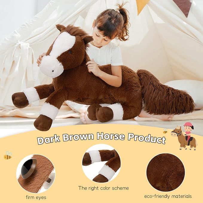 Tezituor 47 Inch Giant Realistic Horse Stuffed Animals, Hugging Soft 4ft Stuffed Horse Plush Body Pillow for Sleeping, Large Chocolate Stuffed Pony Farm Toy Birthday Party Decor for Girlfriend