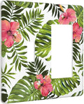 Tropical Plant Green Palm 2 Gang Light Switch Cover Decorative Combination Wall Plate Banana Leaves Pink Flower Rainfores Jungle Botanical Single Toggle Rocker Electrical Faceplate for Kitchen Home