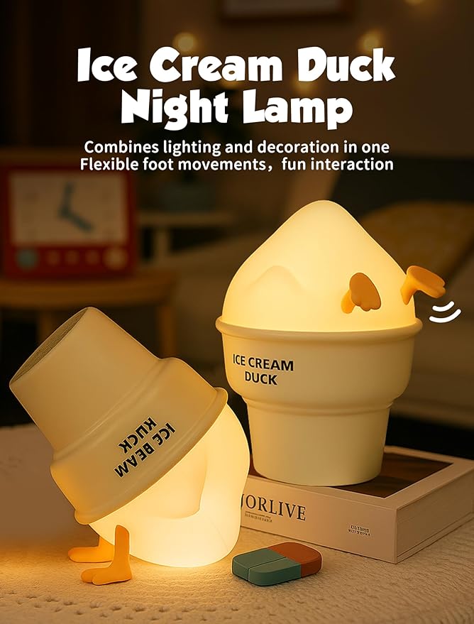 Night Light for Kids, Rechargeable Bedside Touch Lamp, Portable Dimmable Nightlight, Cute Lamp Gifts for Baby, Teens, Adults, Table Decor for Bedrooms, Office(Ice Cream Duck)