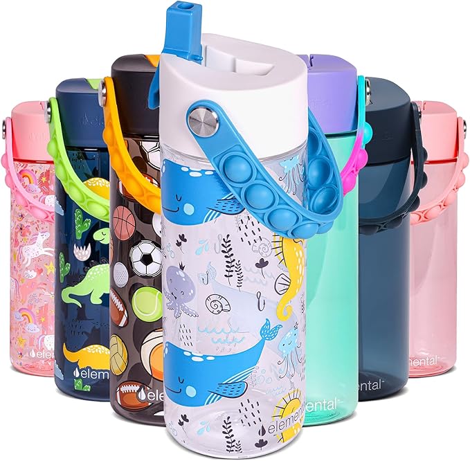 Elemental Water Bottles for Kids - Splash Kids Water Bottle for School with Pop-it Handle - BPA Free Tritan Plastic Water Bottle with Straw Leak Proof when Spout is Closed - Ocean Friends - 18oz