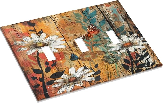 Light Switch Cover Plate Vintage Wooden Daisies Butterflies Floral 3 Gang Triple Toggle Decorative Switch Plates Wall Plates Electrical Switchplate Faceplate for Bathroom Farmhouse Decor