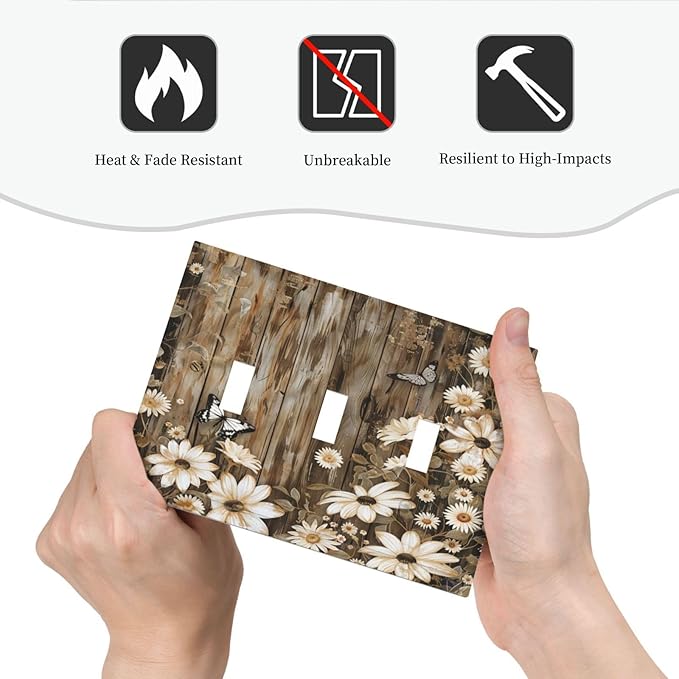 Light Switch Cover Plate Rustic Wood Butterflies Flowers Botanical 3 Gang Triple Toggle Decorative Switch Plates Wall Plates Electrical Switchplate Faceplate for Farmhouse Cabin Decor