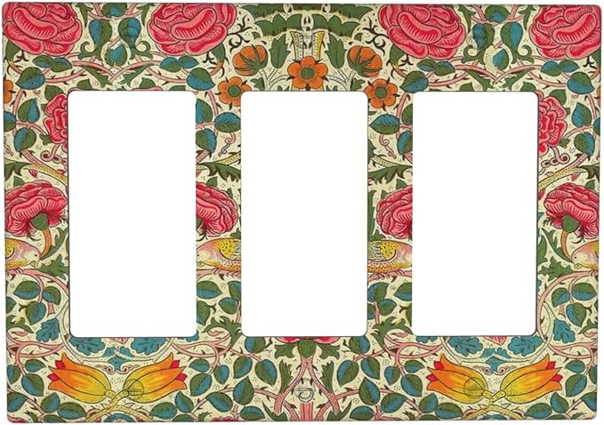 William Morris Roses Floral Triple Rocker Light Switch Cover VintageTulip Flower Plant Bird 3 Gang Rocker Outlet Covers Decorative Electrical Wall Plate for Country Bedroom Home Decor