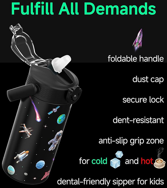 MYFOREST 14oz/400ml Insulated Kids Water Bottle, Odor-Free Surgical Grade Liner, Dishwasher-Safe, Name Spot, Soft Sipper, Gift for Astrophile (Black. Space)