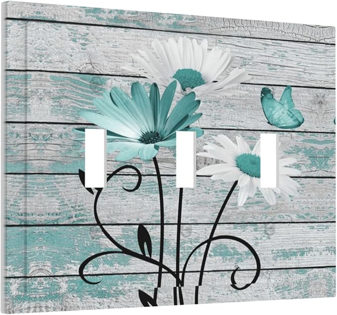 Teal White Daisy Flower Butterfly On Rustic Wood Board Decorative Switch Plates 3 Gang Wall Plate Triple Toggle Light Switch Cover Faceplate Electrical Wall Panels for Farmhouse Bedroom Decor