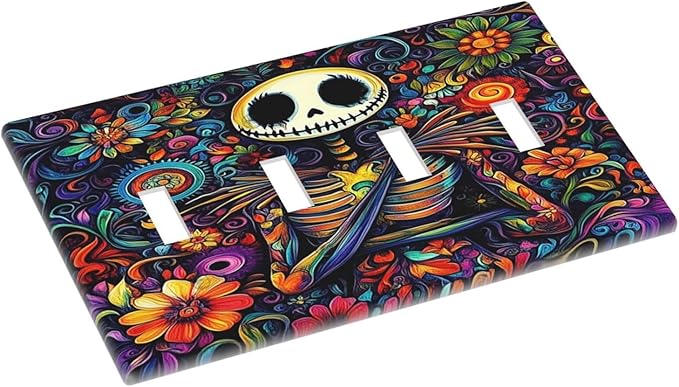 Light Switch Covers Colorful Flowers Abstract Skull Quad Toggle Electrical Faceplate 4 Gang Wall Plate Decorative Switch Plates For Home Living Room Decor