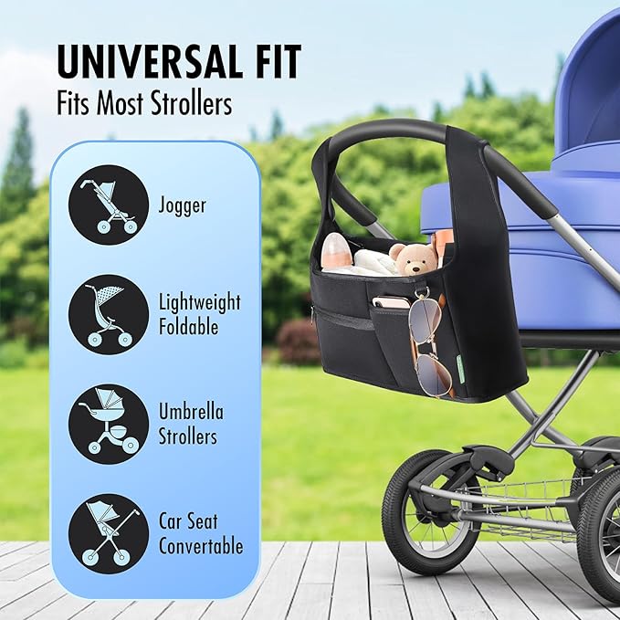 Stroller Organizer, New Fabric Design, Holds 2 Cup Holders for Baby Products, Multiple Pockets for Storing Diapers and Toys, Suitable for All Off-Road Models