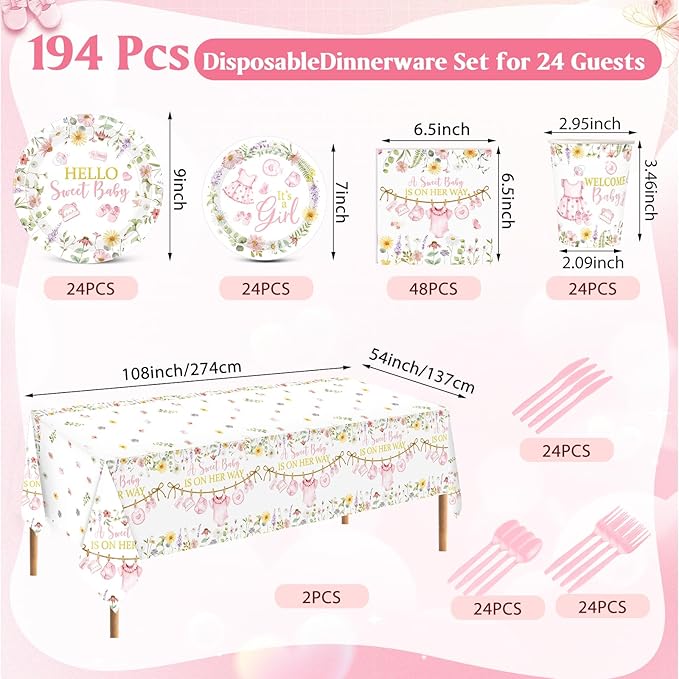 Pickmesh 194 Pcs Floral Baby Shower Girl Decorations for 24, Pink Baby Shower Paper Plates and Napkins Cups Tablecloth Cutlery for Spring Babys in Bloom It's a Girl Gender Reveal Party Supplies