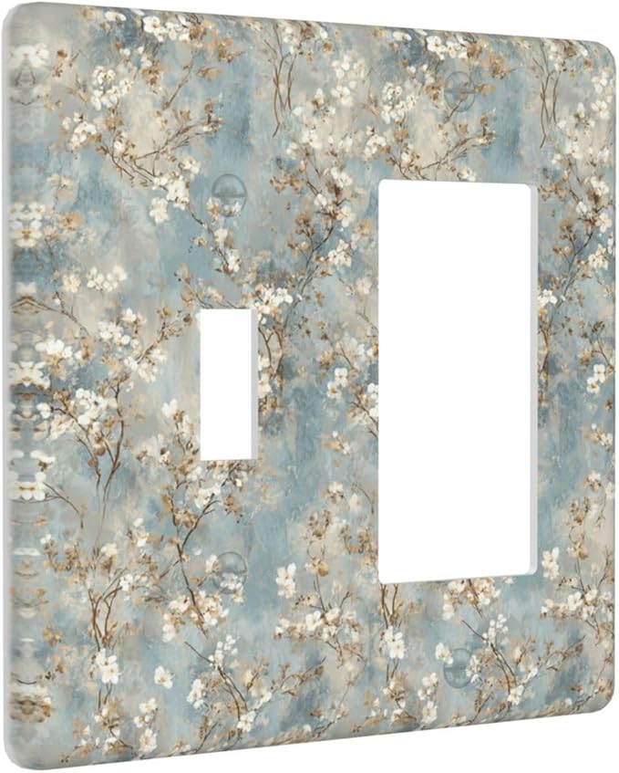 Decorative Outlet Covers Rustic Blue White Plum Blossom Flower 2 Gang Light Switch Cover Plate Single Toggle 1 Rocker Wall Plates for Electrical Switch Plate Covers for Bedroom Decor