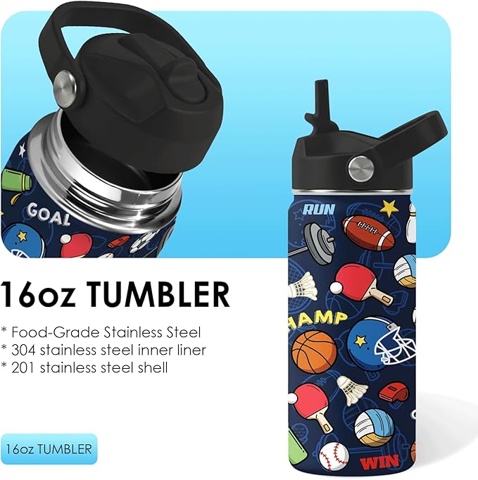 Sports Gifts for Men & Women - 16oz Water Bottle with Straw Lid, Stainless Steel Insulated Bottle, Leakproof, BPA-Free, for Boys Girls, School, Travel - Sport Balls Lovers Kids Birthday Gift Cup (1pc)