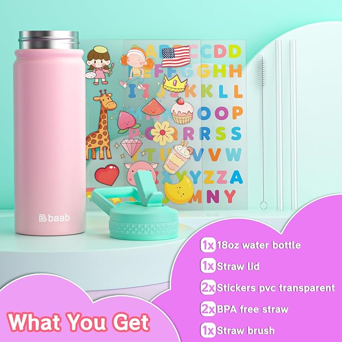 baab 18oz Kids Water Bottle, Insulated Water Bottle with Straw & Stickers, 18/8 Stainless Steel Vacuum Leakproof Kids Water Straw Cup for School, Perfect for Boy Girl (Light Blue+Pink, 2 Pack)