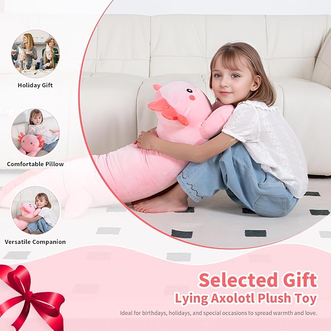 MMguai 40'' Big Pink Axolotl Plush Stuffed Animal, Large Axolotl Long Body Pillow Stuffy Plush Toy, Giant Soft Salamander Squishy Plushie Gift for Kids Boys Girls, Birthday, Christmas