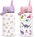 Kids Water Bottle With Straw Lid,2PACK 14 oz Stainless Steel Travel Bottle,Double Wall Leak Proof Kids Cup,Insulated Tumbler for Toddlers,Metal Bottle for School Boys Girls(Rainbow+Dinosaur)