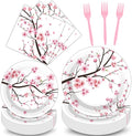 Qyeahkj 100 PCS Cherry Blossom Party Supplies Set Cherry Blossom Plates and Napkins Japanese Disposable Paper Party Tableware Forks Packs Decorations for Hibachi Spring Birthday Decoration Serve 25