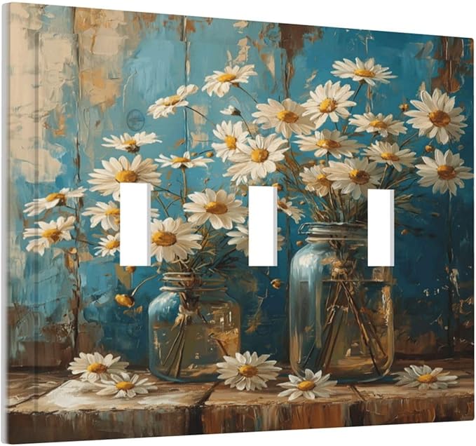 Delicate White Daisy Jars Retro Wood Background Decorative Switch Plates 3 Gang Wall Plate Triple Toggle Light Switch Cover Faceplate Electrical Wall Panels for Farmhouse Home Decor