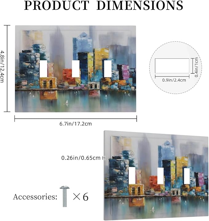 Colorful Nyc Skyline Textured Modern Abstract Decorative Switch Plates 3 Gang Wall Plate Triple Toggle Light Switch Cover Faceplate Electrical Wall Panels for Bedroom Living Room Decor