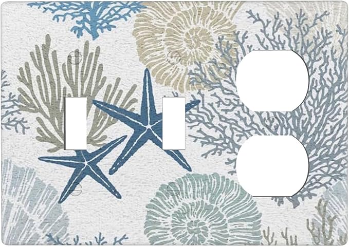 Teal Blue Nautical Beach Coral Starfish Theme Decorative 3-Gang Combination 2 Toggle 1 Duplex Wall Plate Receptacle Outlet Cover Conch Seashell Ocean Combo Device Light Switch Faceplate Cover