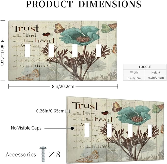 Rustic Elegant Teal Tulip Bible Inspirational Quote Light Switch Covers Quad Toggle Electrical Faceplate 4 Gang Wall Plate Decorative Switch Plates Cover for Farmhouse Bedroom Decor
