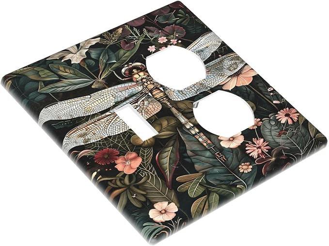 Vintage Dark Green Dragonfly Flowers Floral Botanical Wallplates 1 Toggle 1 Duplex Switch Plate Electrical GFCI Faceplate Decorative Light Switch Covers for Farmhouse Home Decor