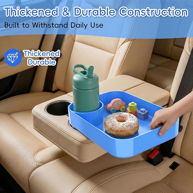 Kids Car Seat Tray, Travel Tray with Cup Holder for Toddler Baby, Kids Car Seat Food Snack Organizer for Road Trip, Stroller Snack Organizer Travel Must Haves Toddler Must Haves (Blue, 1 Pack)
